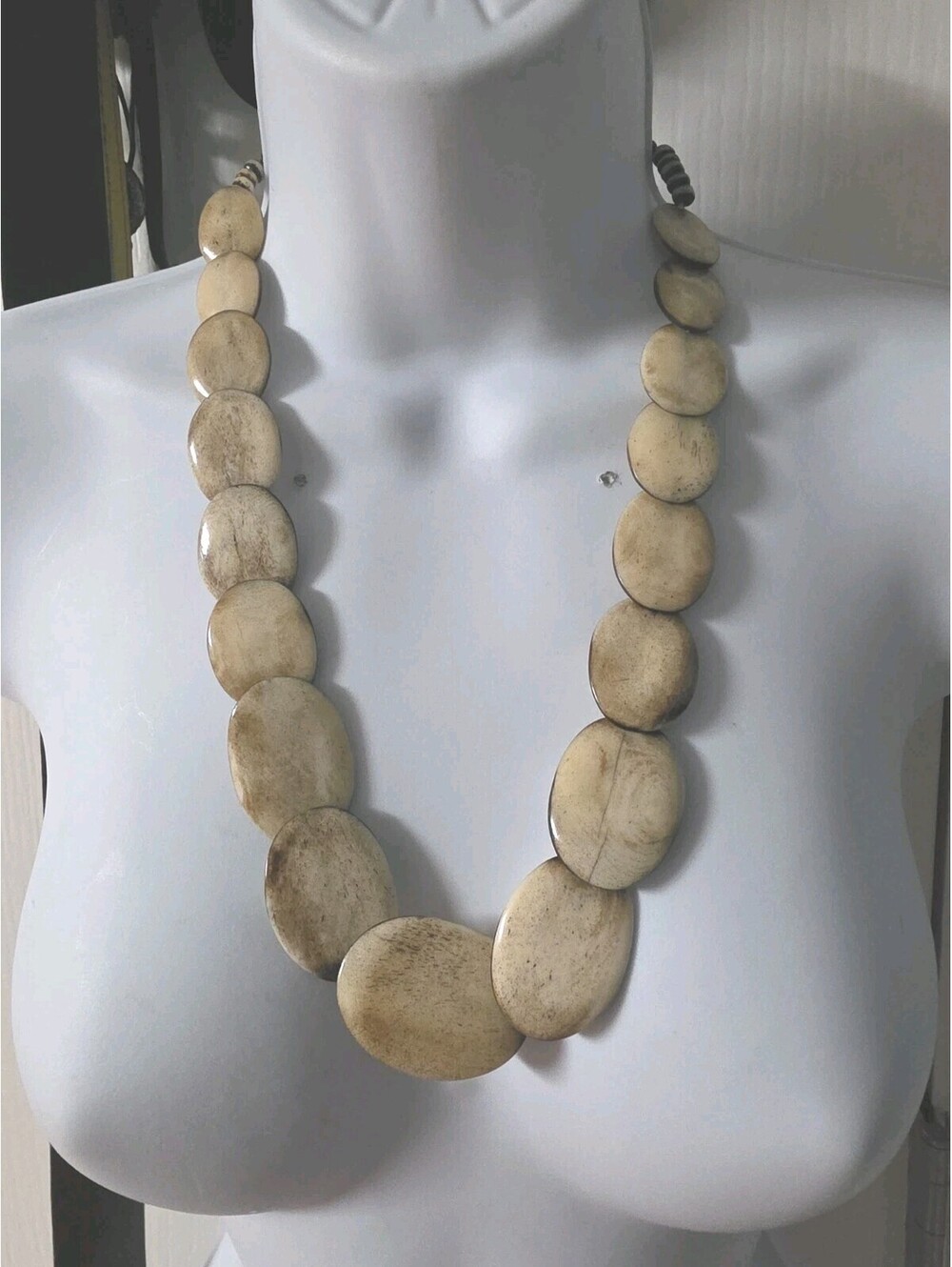 Vintage Bovine Flat Oval Disk  Necklace Tan Beige Statement.